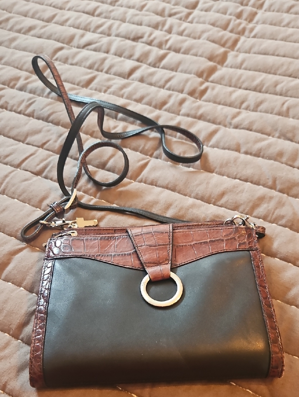 Leather Crossbody Bag with Brown Croc-Trim